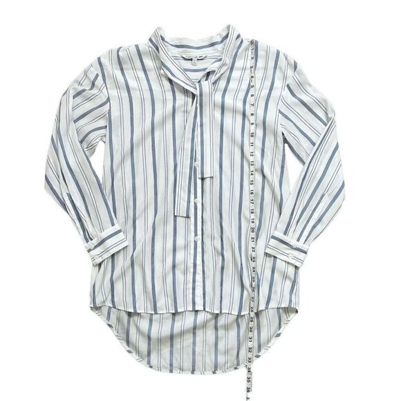 Elizabeth And James Blue Stripe Tie Neck Tunic Button Down Blouse Size Large - Picture 9 of 11